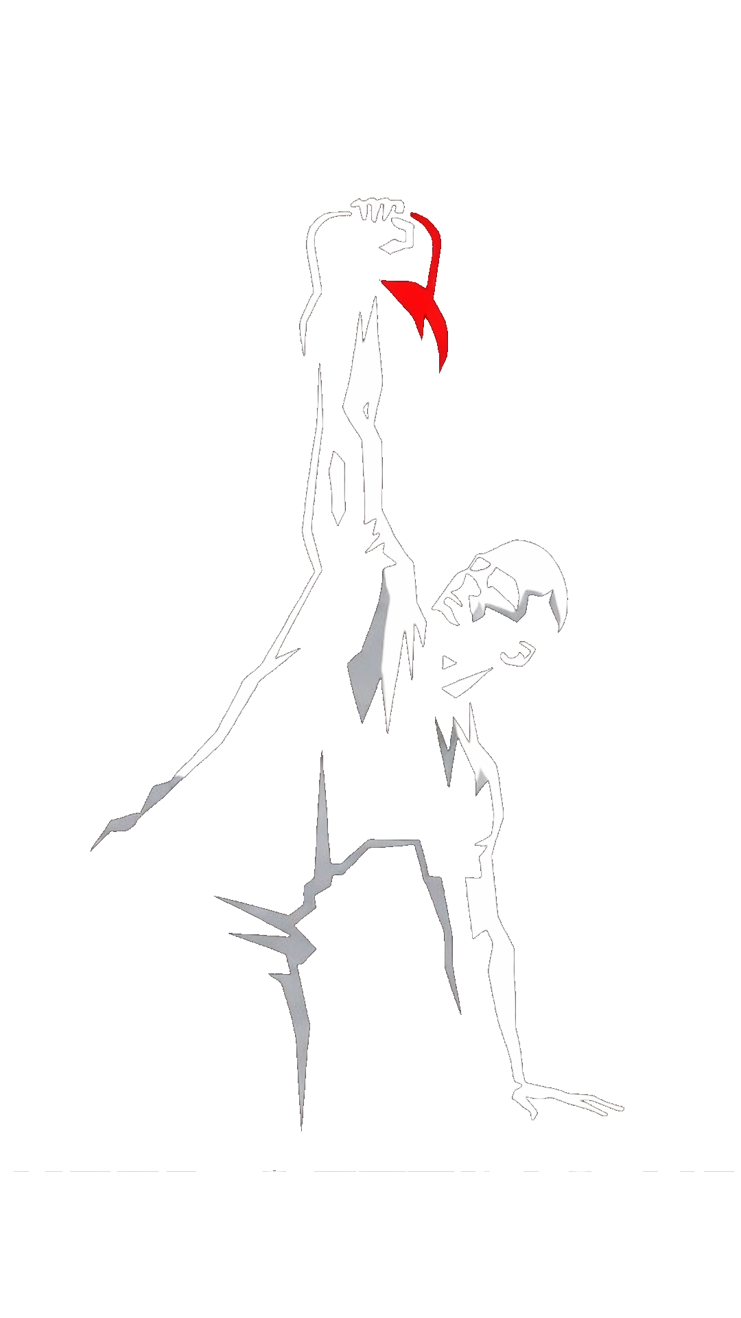 Minimalist high-contrast illustration of a person with a kettlebell locked out overhead on a black background.